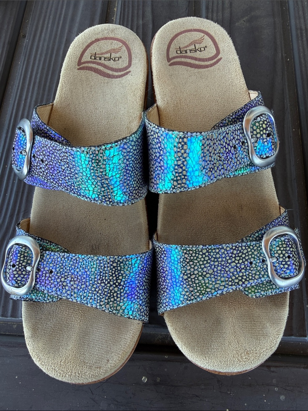 Dansko Iridescent Blue Green Double-Buckle Slide Sandals 38